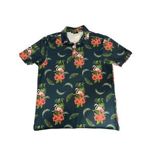 Yatta Golf Men's Size L Nō Ka ʻOi Flamingo Tropical Polo Shirt Stretch Hawaiian